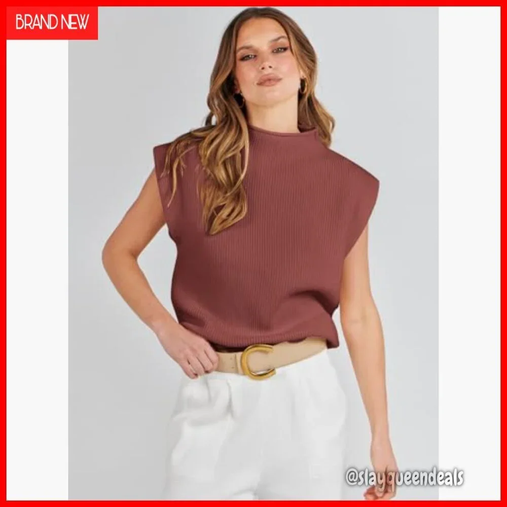 Mock Neck Sleeveless Sweater Vest Cap Sleeve Knit Pullover Tank Top